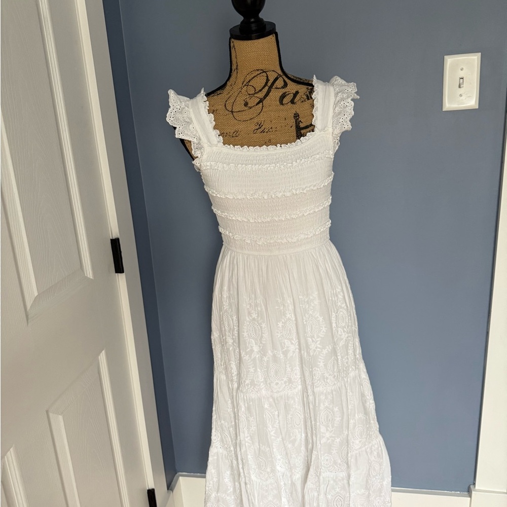 Storia White Ruffled Smocked Maxi Dress